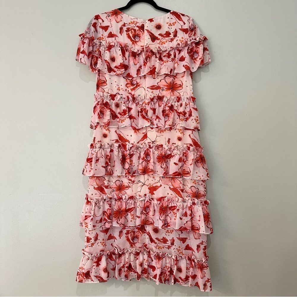 Badgley Mischka Tiered Ruffle Floral Dress Pink Mini Size 10 RTR Designer - Picture 11 of 14